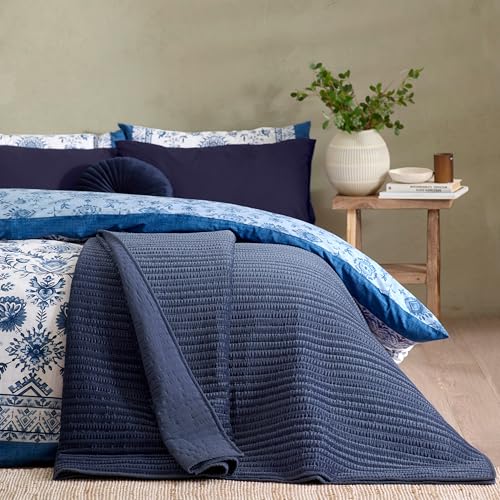 Catherine Lansfield Velvet Pinsonic Quilted 220x220cm Bedspread Navy Blue
