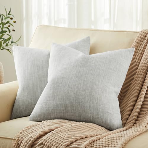 ZeeMart Rustic Linen Throw Pillow Covers Set of 2, Light Grey 18x18in - Textured Pillow Case, Rustic Cotton Linen Fabric, Modern Farmhouse Cushion Covers for Sofa Bed Living Room Home Decor