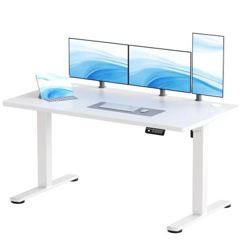 JUMMICO Electric Standing Desk Height Adjustable 140x60cm Sit Stand Table with Backpack Hook and Memory Smart Panel, Home Office, White