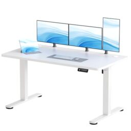 JUMMICO Electric Standing Desk Height Adjustable 140x60cm Sit Stand Table with Backpack Hook and Memory Smart Panel, Home Office, White