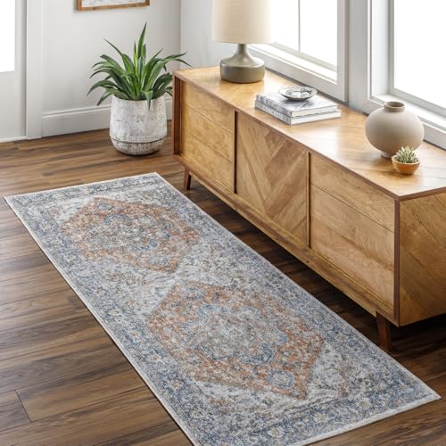 Livabliss River Perth Machine Washable Runner 80x220 cm – Vintage Boho Pattern for Hallway, Living Room & Kitchen, Easy Care, Rust, Blue & Beige
