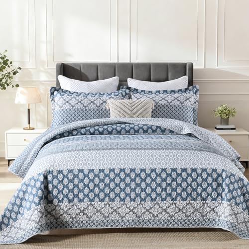 QuiltMuse Quilt King Size - 100% Cotton Quilt Set with Matching Shams, Blue Gray Floral Striped Patchwork King Quilt Bedding Set, 3 Pieces Lightweight Bedspread Coverlet Home Decor for All Season