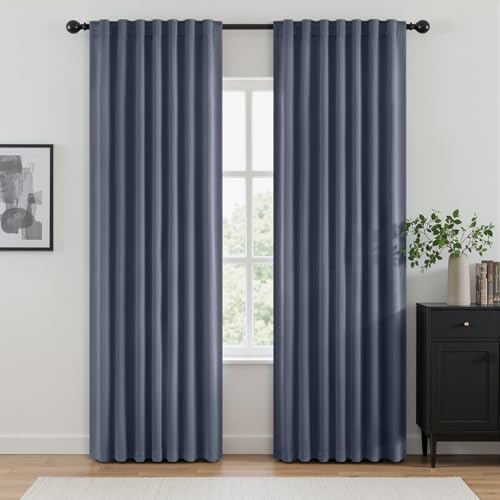 ANRODUO Back Tab Blackout Curtains for Bedroom Living Room, Rod Pocket Pinch Pleated Thermal Insulated Room Darkening Curtains 96 Inches Long 2 Panels, Stone Blue, 42 x 96 Inch