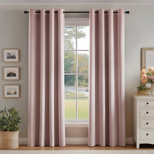 FMFUNCTEX 100% Blackout Blush Pink Curtains 63 Inch Grommet Drapes 2 Panels - Black out Drapes, Thermal Insulated Noise Reducing, Textured Weave, Room Darkening, Window Curtain, for Living Room,Grommet