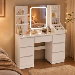 JUMMICO Vanity Dressing Table with LED Mirror, Adjustable Brightness, Modern Makeup Desk with Large Storage, 7 Drawers and 4 Open Shelves, White