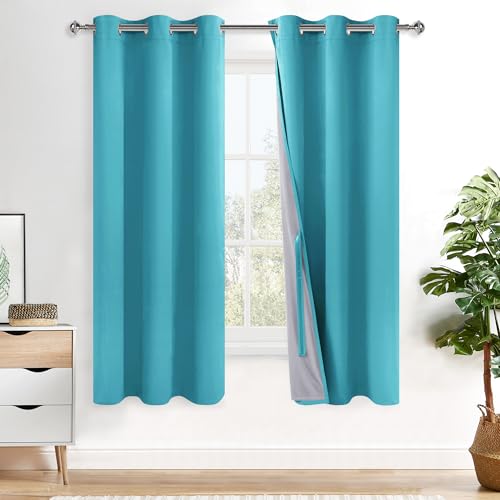 XWZO 100% Blackout Curtains with Tiebacks - Heat and Light Blocking Ring Top Window Drapes with Black Liner Backing for Bedroom/Kid's Room, Turquoise, W38 x L72, Set of 2 Panels