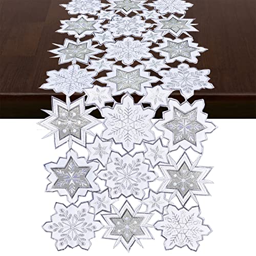 Grelucgo Embroidered Silver Grey and White Snowflakes Table Runner for Christmas Holiday or Winter (13.5 ?? 108 inches)
