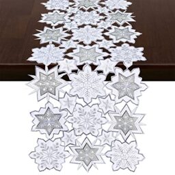 Grelucgo Embroidered Silver Grey and White Snowflakes Table Runner for Christmas Holiday or Winter (13.5 ?? 108 inches)