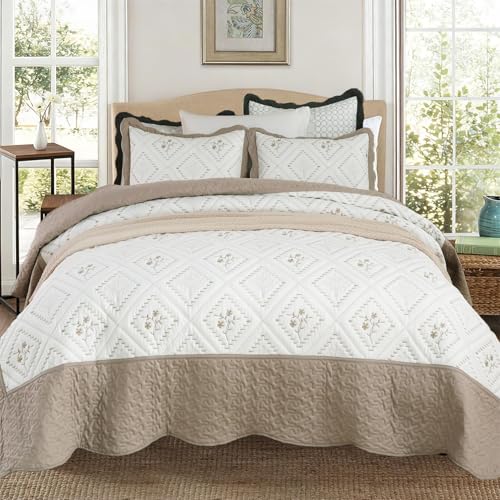 Cmfshape King Size Quilt Set Taupe-104 x90 Cal King Bedspread with 2 Pillow Shams-Exquisite Plaid Embroidery Bedding Comforter for All Season-Lightweight Coverlet