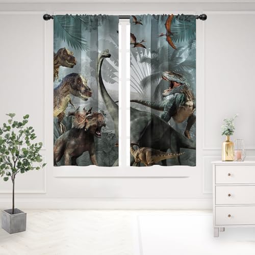 EOVDSFW Dinosaur Window Curtains, 42X63 Inch 2 Panels, Kids Boys Bedroom Drapes, Jurassic T-Rex Dino Pattern, Dusty Blue Wild Forest, Nursery Toddler Room Rod Pocket Decor