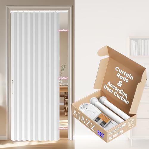 AJAZZ Blackout Accordion Doors Interior Sets Included Rod (1 Pack, 54W x 78 L, White) Invisible Magnetic Door Curtain for Bedroom Living Room Doorway Curtain