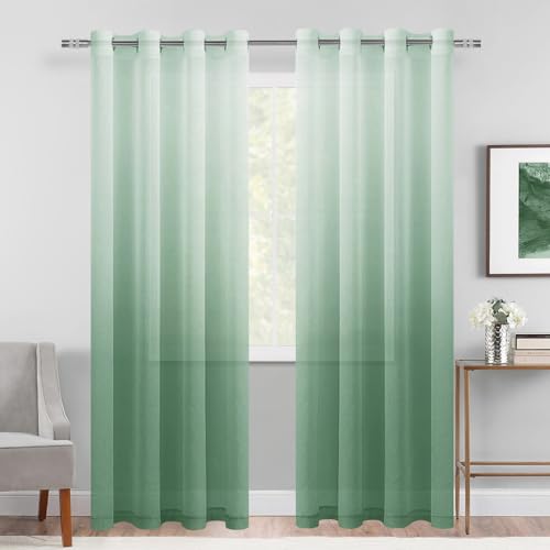DWCN Ombre Sheer Curtains - Faux Linen Gradient Semi Voile Grommet Top Drapes Bedroom and Living Room Curtains, Set of 2 Window Curtain Panels, 52 x 96 Inch Length, Sage Green