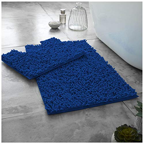 GC GAVENO CAVAILIA Soft Bath Mat Sets For Bathroom - 2 Piece Bath Mat Non Slip Back - Highly Water Absorbent & Fast Drying 100% Microfiber Chenille Toilet Rug with Pedestal Mat - Royal Blue