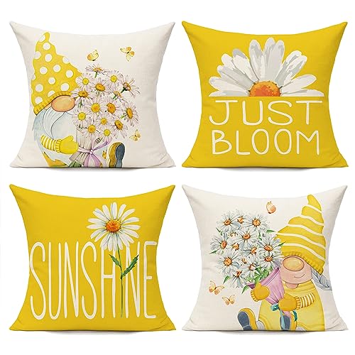 All Smiles Outdoor Yellow Throw Pillow Covers 26x26 Set of 4 Spring Summer Decorative Cushion Cases Home D??cor Decorations for Patio Couch Chair Sofa,Daisy Floral Gnomes