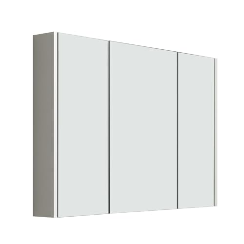 iBathUK Rehaus Wall Mounted Triple Door Mirror, Soft Close Doors with 2 Adjustable Shelves Cabinet, Copper Free Silver Mirror, Modern Bathroom Storage Cabinet in Gloss White, 900mm