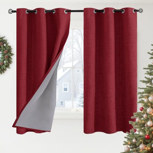 YoungsTex Burgundy Linen Blackout Curtains 40 Inches Long for Bedroom, Short Window Drapes with Grommet Thermal Insulated Room Darkening Christmas Decor for Kitchen, 2 Panels, 42 X 40 Inch