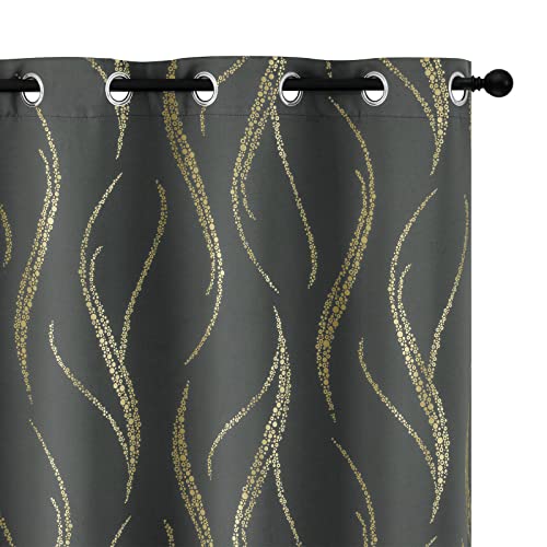 Yakamok Blackout Curtains 84 inch Length Living Room Thermal Insulated Gold Wave Line Dots Pattern Curtains Room Darkening Grommet Curtains for Bedroom, Dark Grey, W42 x L84-inch, 2 Panels