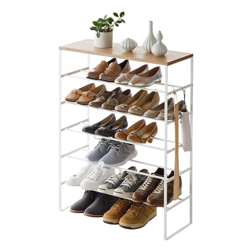 YAMAZAKI 3369 TOWER 6-Tiered Shoe Rack with Wooden Top Board, White, Steel/Wood, Minimalist Design, 66 x 25 x 87 cm (LxWxH)
