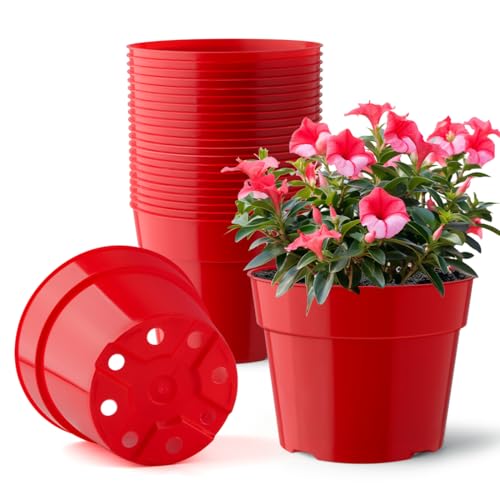 RooTrimmer 6 inch/15cm Top Diameter Plastic Flower Planter Pots 20 Pack Bright Red Color, 20 PCS Water Collecting Trays, Pot Saucers and 20 Soil Block Mesh(Pots+Trays+Mesh)