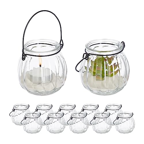 Relaxdays Candle Lanterns, Set of 12, Round Glass, with Handle, Tealight Holders, 7.5 x 8 cm, Indoors & Outdoors, Clear