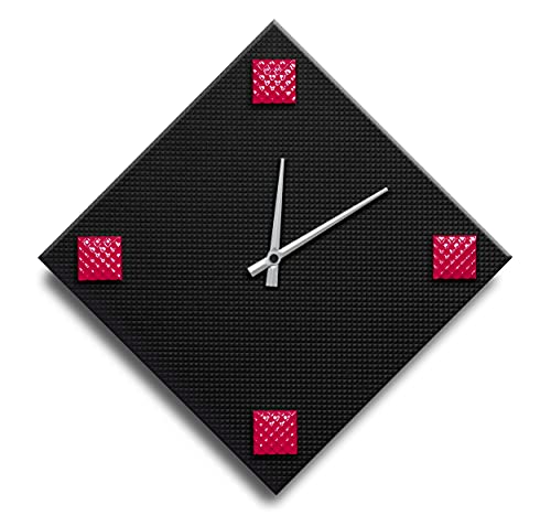 Mareli Wall Clock, Width 42 x 42 cm, Wooden Dial 4 mm covered with Black Embossed Paper with Application of 4 Studs in Coloured Enamelled Metal, Black and Red, Diamond Side 30