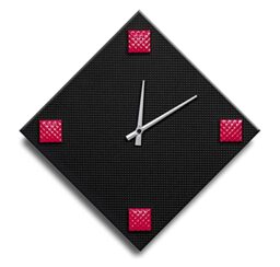 Mareli Wall Clock, Width 42 x 42 cm, Wooden Dial 4 mm covered with Black Embossed Paper with Application of 4 Studs in Coloured Enamelled Metal, Black and Red, Diamond Side 30