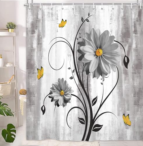 Rustic Farmhouse Shower Curtain, Farm Grey Daisy Floral Flowers and Butterfly on Country Waterproof Fabric Bathroom Curtains, Vintage Grey Flower Bathroom Shower Curtain with 12PCS Hooks, 70X70IN