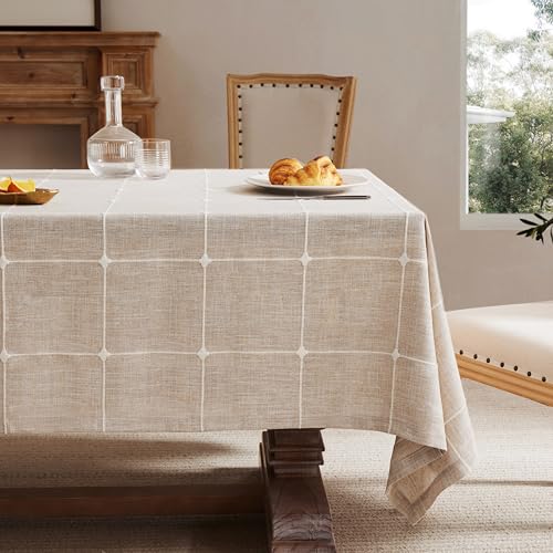 ZeeMart Grid Embroidered Square Tablecloths 52x52in, Hem/Taupe - Heavy Weight Non-sheer Linen Fabric, Mitered Corner Finish, Water Resistant Farmhouse Table Cover, Boho Plaid Home Decor