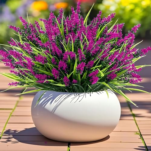 Geegoods 24 Bundles Artificial Lavender Flowers Outdoor, Fuchsia - UV Resistant Faux Plants with Monkey Grass, Realistic Plastic Flowers for Garden Porch Window Box Patio Hanging Planter Decor