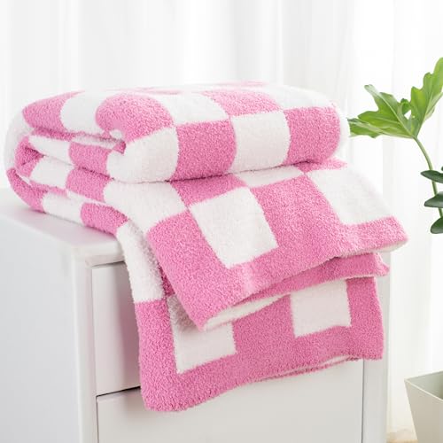 "Carriediosa Ultra Soft Checkered Throw Blanket 50"" X 60"", Microfiber Fuzzy Fluffy Checkerboard Cute Preppy Plaid Pattern Knitted Blankets Cozy Plush Fall Throws for Couch Bed, Hot Pink"