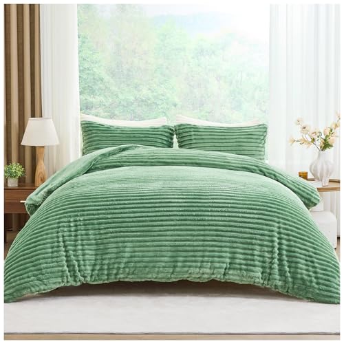GC GAVENO CAVAILIA Ribbed Fleece Duvet Set With Pillow Cases - Thermal Warm Cozy Winter Bedding Double Duvet Cover Set 200x200 Cm - Hypoallergenic, Washable Polyester Quilt Cover Bed Sets, Green