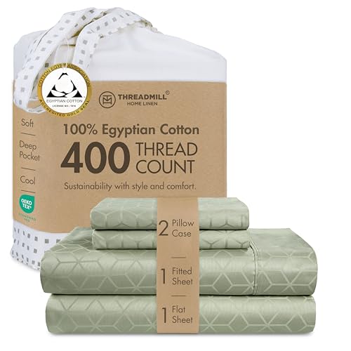 Threadmill Home Linen 400 Thread Count Jacquard Cadence King Sheet Sets - 100% ELS Egyptian Cotton Damask Sheets for King Size Bed, Luxury 4 Piece Set with Elasticized Deep Pocket, Sateen, Sage Green