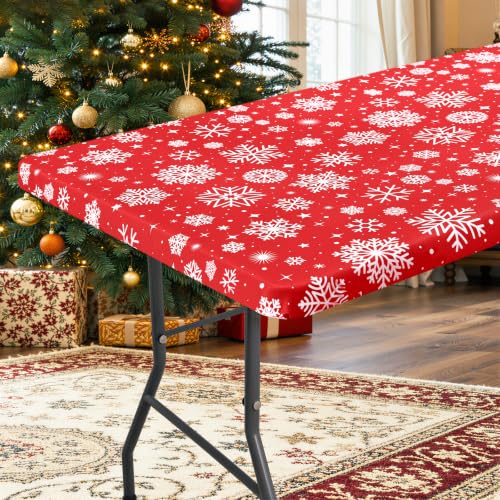 "Homing Rectangle Table Cloth Cover, Water-Resistant Polyester Elastic Fitted Tablecloth, Fits for 8 Foot Folding Tables, Washable Table Protector for Picnic, Camping, Outdoor (Snowflakes, 30"" x 96"")"