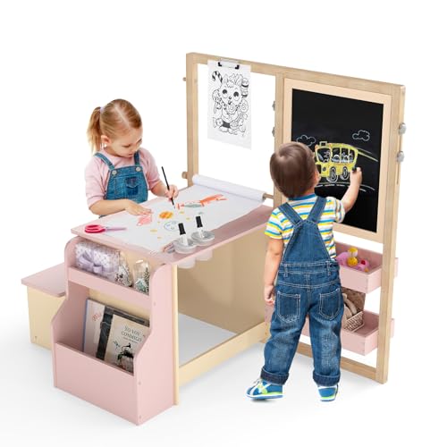 GYMAX Kids Art Table and Bench Set, 3 in 1 Children Activity Table Set with Height Adjustable Double Sided Art Easel, Bookshelf & Accessories, Wooden Drawing Table Set for Toddlers (Pink)
