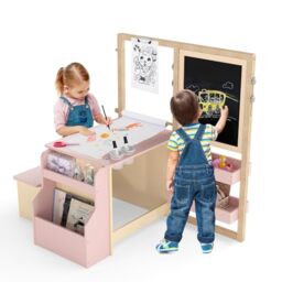 GYMAX Kids Art Table and Bench Set, 3 in 1 Children Activity Table Set with Height Adjustable Double Sided Art Easel, Bookshelf & Accessories, Wooden Drawing Table Set for Toddlers (Pink)
