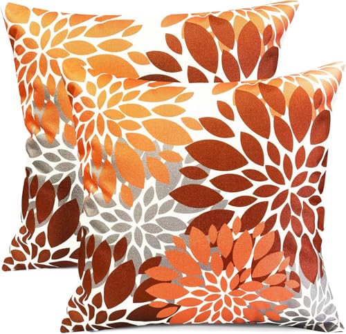 RYSMIYOU Decorative Throw Pillow Covers Set of 2 Brown Coffee Pillow Covers 18x18 Inch Couch Pillow Covers for Sofa Living Room Outdoor Throw Pillow Cover Linen Floral Flower Farmhouse Pillowcase