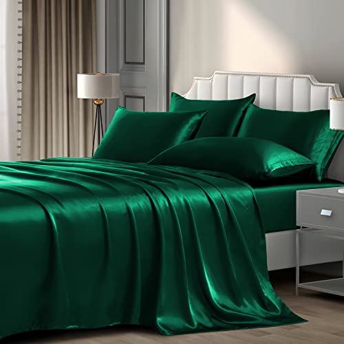 Pothuiny 6-Piece Queen Satin Sheets Luxury Silky Green Satin Bedding Sheet Set, 1 Deep Pocket Fitted Sheet + 1 Flat Sheet + 4 Pillow Cases