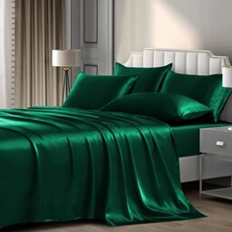 Pothuiny 6-Piece Queen Satin Sheets Luxury Silky Green Satin Bedding Sheet Set, 1 Deep Pocket Fitted Sheet + 1 Flat Sheet + 4 Pillow Cases