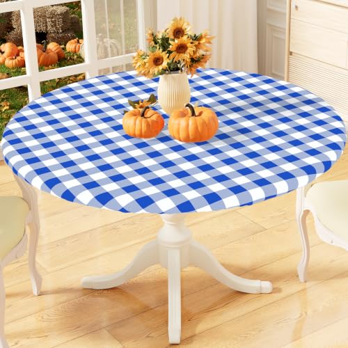 "misaya Round Fitted 4th of July Tablecloth with Elastic Edge, Buffalo Plaid Waterproof Vinyl Flannel Backed Table Cloth Cover Fits 45""-56"" Round Tables for Dinner, Outdoor, Picnic, Blue White Check"