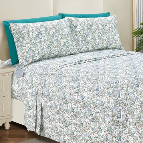 Elegant Comfort Softest and Coziest 6-Piece Sheet Set - 1500 Premium Hotel Quality Microfiber - Deep Pocket, Wrinkle Resistant 6-Piece Paisley Pattern Bed Sheet Set, Full, Paisley Teal