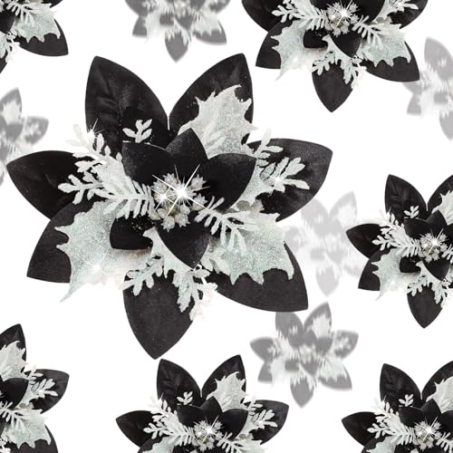 24 Christmas Glitter Artificial Poinsettia Flowers Xmas Poinsettia Artificial Wedding Flowers Decorations Xmas Tree Ornaments with Clips for Party Favors, 6 Inch, 4 Inch, 3 Inch (Black White, Gold)
