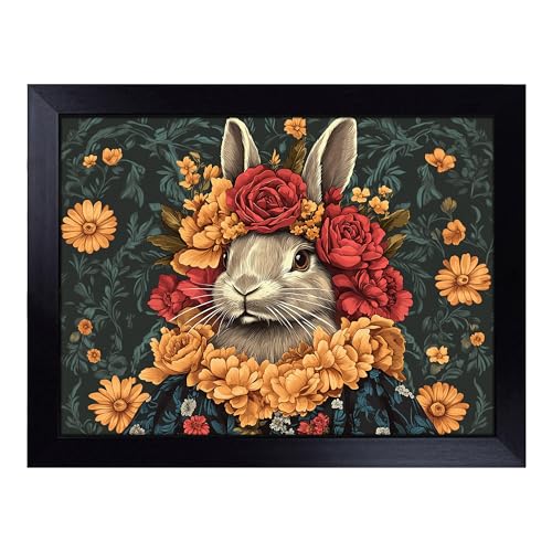 Lap Tray with Bean Bag Cushion, Rabbit Composition - Handmade in the UK, Raised Wooden Edge, Padded Cushion, Heat-Resistant Wipe-Clean Surface, for Meals, Laptops and Crafts