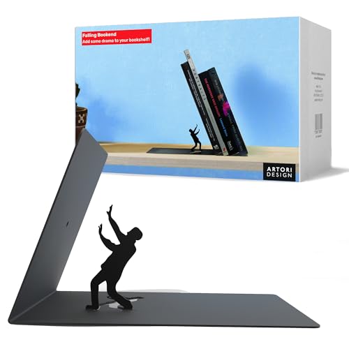Artori Design Unique Black Metal Decorative Bookends - Whimsical Hidden Book Ends for a Cool Book Holder Display - Cute Home Decor and Modern Gift Idea for Shelves Desk or Table (Falling)