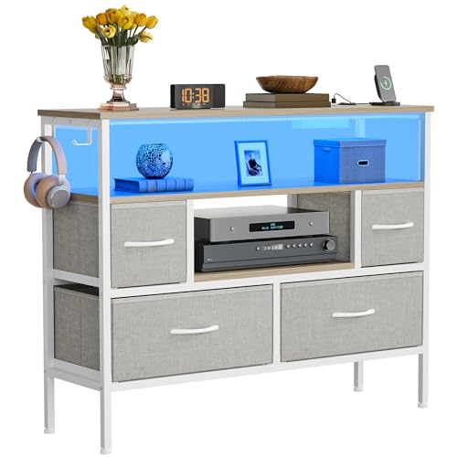 YITAHOME Fabric Drawers Cabinet with Power Outlets & LED Lights, Fabric Chest with 4 Drawers & 2 Hooks, Fits TVs up to 32 Inches, Chest of Drawers for Bedroom, Living Room, Home Office, Light Grey
