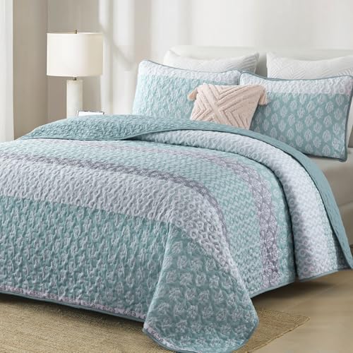 "Aqua Quilt Set King Size Boho Striped Bedspread Lightweight Soft Microfiber Bedding Set 110""x90"" (3 Pieces)"