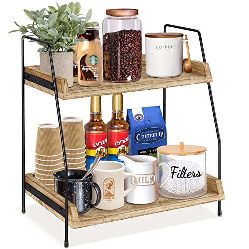 Coffee Bar Accessories and Organizer Countertop, Coffee Station Organizer 2 Tier Kitchen Counter Shelf Organizer,Coffee Condiment Storage,Cup Lid Holder Countertop Shelf for Bathroom,Kitchen(Brown)