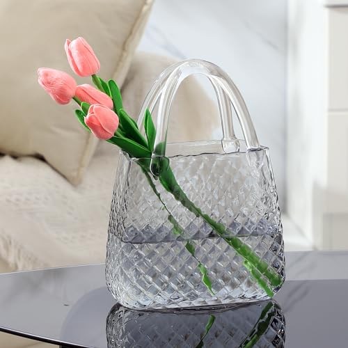 PORPAN Purse Vase, Glass Bag Vase, Glass Purse Vases for Flowers, Black Glass Vases, 12 Inch Large Flower Vases with Embossed Pattern for Wedding, Living Room, Bedroom, Table, Office(Round)