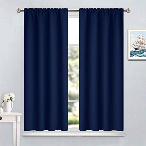 Yakamok 45 Inches Navy Blue Rod Pocket Blackout Curtains for Bedroom - Room Darkening Thermal Insulated Window Treatment Drapes for Living Room,38W x 45L Inch,2 Panels