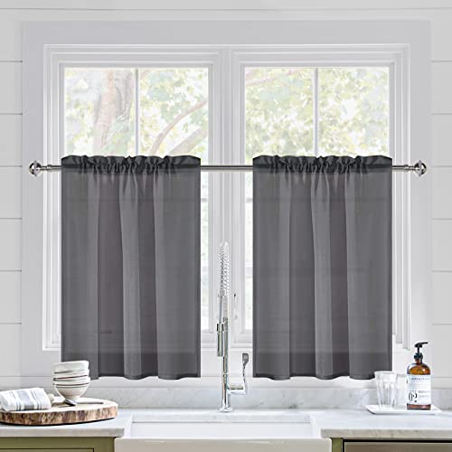 DWCN Dark Grey Sheer Curtains for Kitchen Windows - Rod Pocket Semi Transparent Voile Tier Curtains for Bedroom, Living Room, Farmhouse, 36 x 36 inches Long, Set of 2 Panels