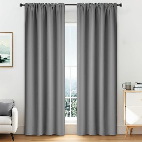 Yakamok Grey Rod Pocket Blackout Curtains 84 inches Long for Bedroom - Room Darkening Thermal Insulated Window Treatment Drapes for Living Room, 40W x 84L Inch,2 Panels